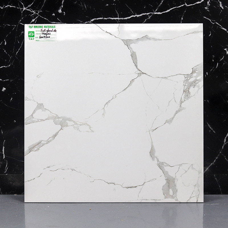 Porcelain Floor Tile 600x600 Polished Glazed Surface Carrara White Marble Look Design