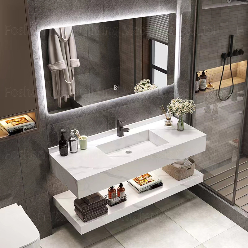 Oem Bathroom Vanity Units Sintered Stone Countertop Basin Led Mirror Storage Cabinets