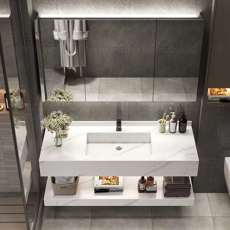 Oem Bathroom Vanity Units Sintered Stone Countertop Basin Led Mirror Storage Cabinets