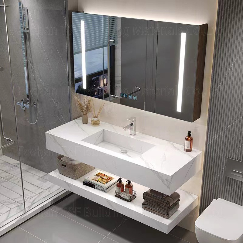 Oem Bathroom Vanity Units Sintered Stone Countertop Basin Led Mirror Storage Cabinets