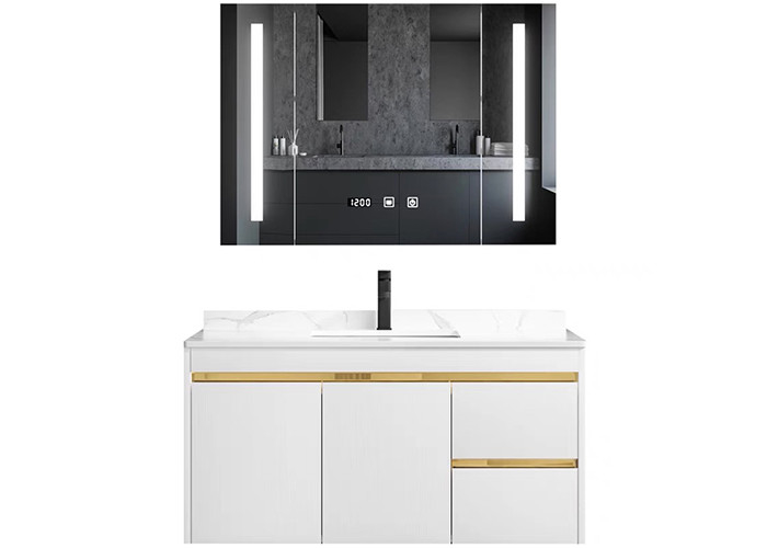 New White Design Bath Room Vanity Units Solid Surface Wash Basin Wooden Panel Bathroom Cabinet With Mirror