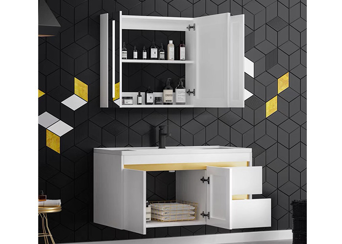 New White Design Bath Room Vanity Units Solid Surface Wash Basin Wooden Panel Bathroom Cabinet With Mirror