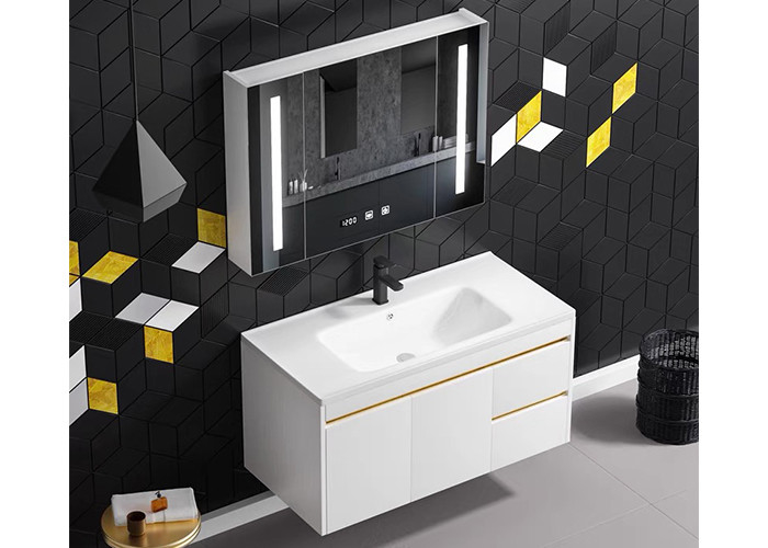 New White Design Bath Room Vanity Units Solid Surface Wash Basin Wooden Panel Bathroom Cabinet With Mirror