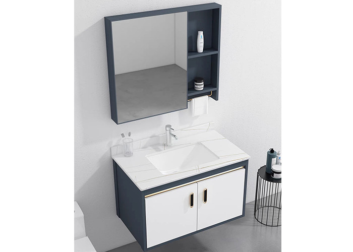 Bathroom Wall Mounted White High Glossy Painting PVC Ceramic Basin Vanity With Mirror