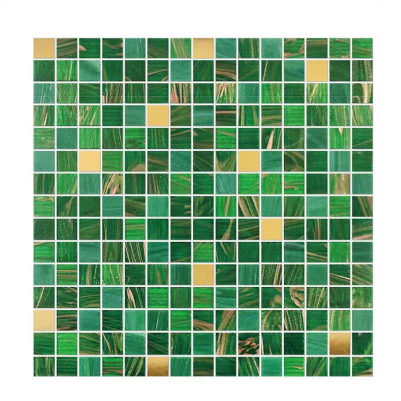 Classical Retro Style Green Glass Mosaic Tiles With Gold Line Bathroom Toilet Background Wall Tiles