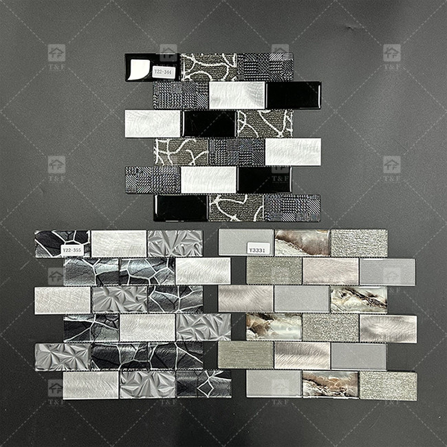 Long Strip Shape Black Glass Mosaic Tile With Metal Border Bathroom Wall Pattern Decor