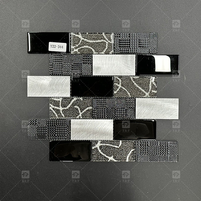 Long Strip Shape Black Glass Mosaic Tile With Metal Border Bathroom Wall Pattern Decor