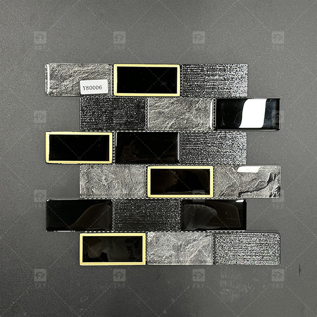 Long Strip Shape Black Glass Mosaic Tile With Metal Border Bathroom Wall Pattern Decor