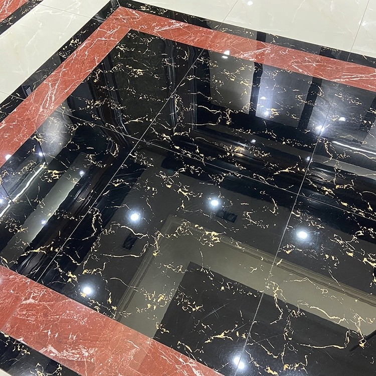 Glazed Polished Porcelain Floor Tiles 600x600 Black And Gold Flower Color