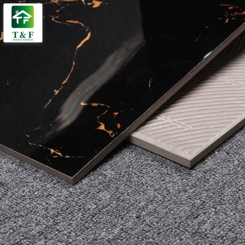 Glazed Polished Porcelain Floor Tiles 600x600 Black And Gold Flower Color