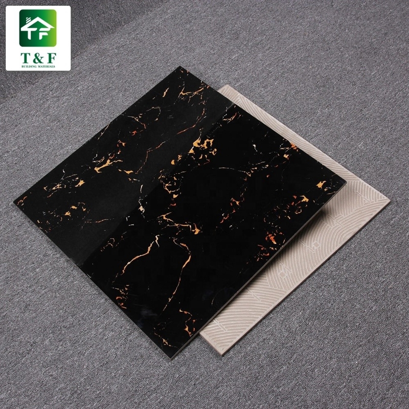 Glazed Polished Porcelain Floor Tiles 600x600 Black And Gold Flower Color